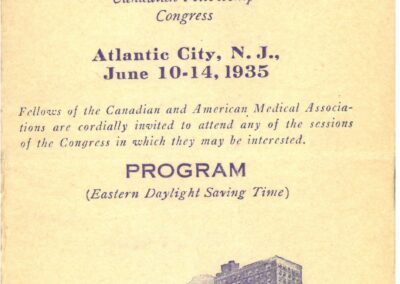 This copy of the program for the IARS 14th Annual Congress of Anesthetists, held June 10-14, 1935 in Atlantic City, NJ, belonged to Harriet M. Wood, wife of attendee Dr. Paul M. Wood. It was not unusual for attendees to have their friends and colleagues sign their meeting program. This copy was unique as Mrs. Wood had her fellow wives sign her program. Beginning on the page facing the Monday Afternoon schedule, several men also signed it.
