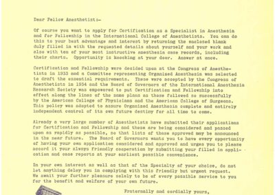 Letter from Dr. Francis McMechan about Certification as a Specialist in Anesthesia and for Fellowship in the International College of Anesthetists, 1936