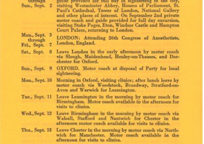 The itinerary for the 1951 26th Congress of Anesthetists Clinic and Sightseeing Tour under the leadership of Laurette McMechan from Canada to London to Edinburgh to Paris.