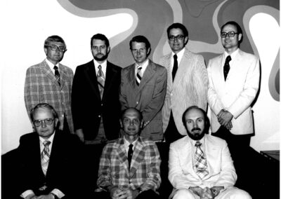 Editorial Board Photo, first with Dr. Nicholas Greene as Editor-in-Chief, 1977: Back Row (left to right): Drs. Stoelting, Munson, Dunbar and Craig; Seated (left to right): Morrow, Greene, Langnecker