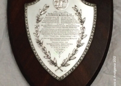 This plaque awarded to the anesthetists at the Alfred Hospital by the International Anesthesia Research Society (postrestoration) on June 12, 1935.
